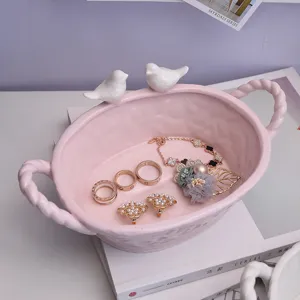 Roze keramische vogel decoratieve opslag schaal ring ketting organizer bureau decor