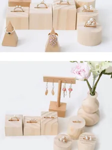 Wooden Ring Display Stand Solid Wood Jewelry Holder Earring Organizer Tray Display Set