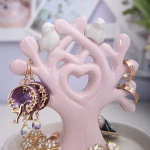 Ceramic Love Bird Tree Jewelry Display Stand Pink Desktop Storage Organizer Aesthetic Home Decor Ring Tray Holder