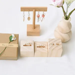 Solid wood jewelry display stand set, ring holder and earring display props for retail stores.