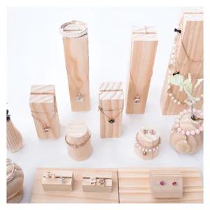 Solid wood jewelry display stand set wooden necklace earring ring showcase organizer tray.