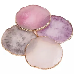 Resin imitation agate coaster jewelry display tray electroplated gold rim set of four pieces