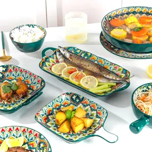 Detailed scene of green bohemian ceramic tableware set featuring vibrant colorful patterns.