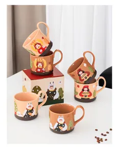 Cute ceramic coffee mug set with creative cartoon illustration, French cream style breakfast cup.