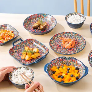 Blue bohemian ceramic tableware set, microwave safe bowls and plates for kitchen dining.