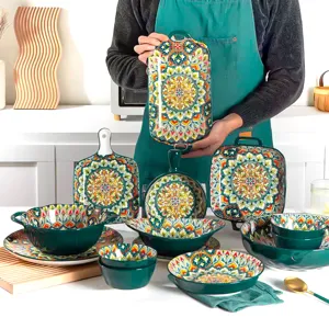 Detailed view of green bohemian ceramic tableware set, showcasing intricate mandala patterns.