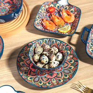 Blue bohemian ceramic bowl set with colorful mandala patterns for kitchen dining table decor