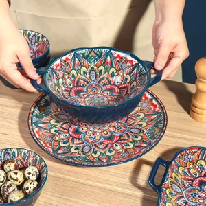 Bohemian ceramic bowl detail shot, colorful mandala pattern tableware set for kitchen daily use.