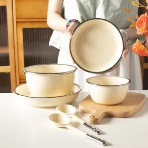 Cremeweiß Keramik Geschirr Set mit Silberrand Haushaltsküche Essgeschirr Schalen und Teller.