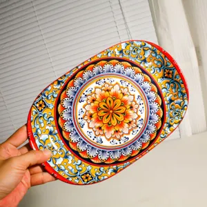 Bohemian Ceramic Fish Plate Bowl Set Colorful Mandala Printed Tableware Microwave Safe Dinnerware For Kitchen Home