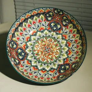 Detailed view of large 10-inch bohemian ceramic bowl with vibrant multi-color mandala design.