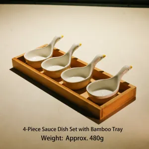 Ceramic swan sauce dish set with bamboo tray, elegant snack plate for tea table decor.