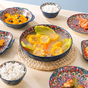 Blue bohemian ceramic tableware set bowls plates with colorful geometric patterns for kitchen