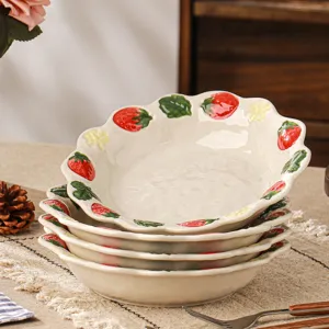 Keramische aardbei kom set, schattige fruit salade kom met golvende rand, mooi serviesgoed.