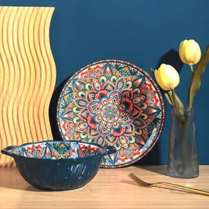 Bohemian style ceramic tableware set, blue bowl and decorative pattern plate for dining.