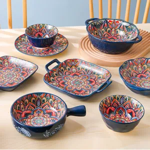 Blue bohemian ceramic dinnerware set, elegant mandala pattern bowl and plate for kitchen use.