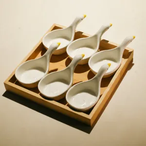 Ceramic swan snack dish set with 4-grid bamboo tray, elegant sauce plate for table.