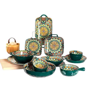 Bohemian ceramic tableware set green floral bowls plates kitchen dining porcelain dishes