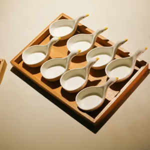 Ceramic swan sauce dish set with wooden tray, cute snack plates for kitchen and home use.