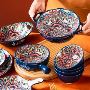 Blue bohemian ceramic tableware set, exquisite mandala pattern bowls and plates for dining.