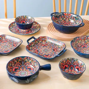 Blue Bohemian ceramic tableware set with vibrant mandala patterns, microwave safe bowls and dishes.