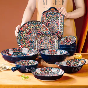 Bohemian Style Ceramic Bowl And Plate Set Underglaze Color Mandala Floral Pattern Microwave Safe Kitchen Dining Tableware