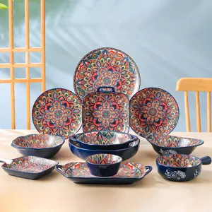 Bohemian ceramic tableware set featuring vibrant mandala patterns, microwave safe plates and bowls.
