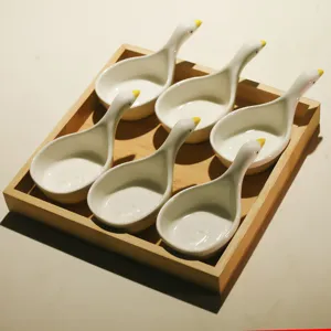 Cute ceramic duck dipping bowls set with wooden tray, perfect for snacks, sauces and serving.
