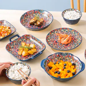 Bohemian ceramic tableware set detail, vibrant colorful mandala patterns for dining table decor.