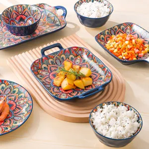 Bohemian ceramic dinnerware set blue bowl plate kitchen tableware porcelain food display