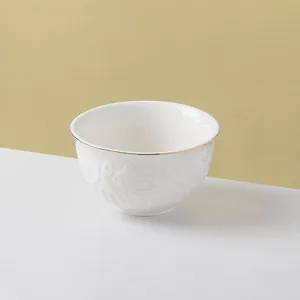 Exquisite white ceramic rice bowl featuring elegant gold rim and delicate embossed pattern.