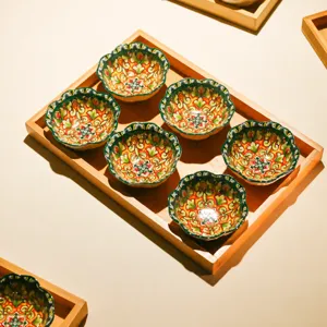 Ceramic snack bowl set with wooden tray, bohemian style green dipping bowls for kitchen dining.