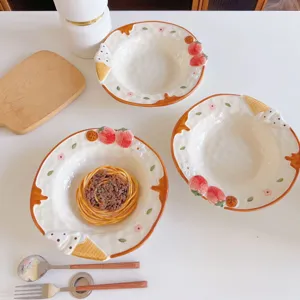 Ceramic strawberry ice cream bowl set, cute relief design dinnerware for dessert and salad.