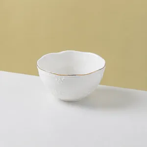 White ceramic rice bowl with golden rim and embossed butterfly design, 11x11x6 cm, 320ml.