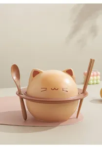 Cute cat design instant noodle bowl set with lid, wooden spoon and chopsticks for home.