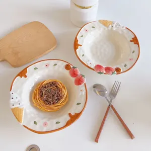 Hand-painted ceramic bowl with cute strawberry relief, perfect for salad and spaghetti.