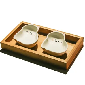 Ceramic cat snack dish set with wood tray, perfect for fruits, nuts, desserts, and table decor.