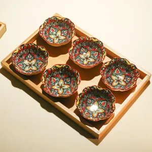 Keramik Schalen Set mit Holztablett retro Blumenmuster fuer Snack und Fruechte Teller Deko