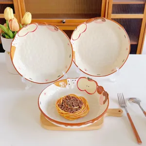 Cute hand-painted ceramic plate bowl set, embossed cartoon design for salad, pasta, and dessert.