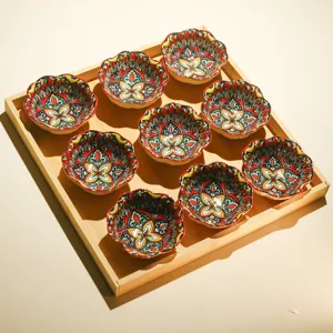 9er-Set Keramik Schalen mit Holztablett, vintage Blumen Snackteller fuer Party und Tisch