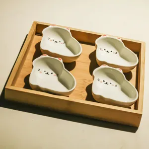 Cute ceramic cat snack bowls set with a wooden tray for kitchen, dining and party serving.