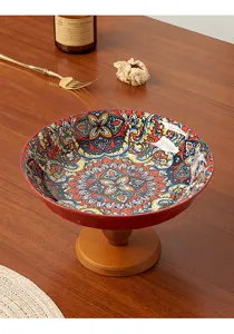 Ciotola di frutta in ceramica bohémien con base in legno, piatto decorativo retrò per soggiorno.