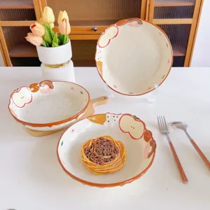 Hand-painted ceramic plate and bowl set with cute fruit relief for salad, pasta and dessert.