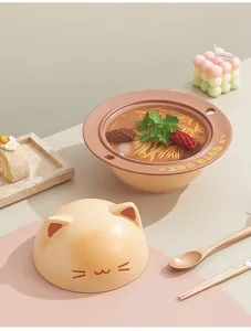 Cute cat ceramic instant noodle bowl with lid, stylish tableware set for home and dorm.