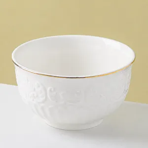 Light Luxury New Bone China Rice Bowl Gold Rim Embossed Ceramic Soup Bowl Tableware Household Kitchen Dinnerware
