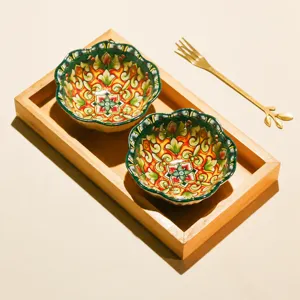 Bohemian Ceramic Snack Plate Fruit Dish Set With Bamboo Wood Tray Multi-Grid Dessert Serving Tray Tableware