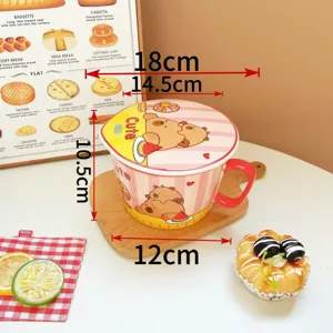 Tazón de ramen de cerámica capybara lindo con tapa y asa, ideal para desayuno en dormitorio.