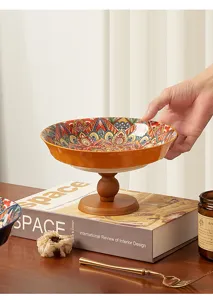 Fruttiera in ceramica bohémien con base in legno, ciotola decorativa retrò per tavolino da caffè.