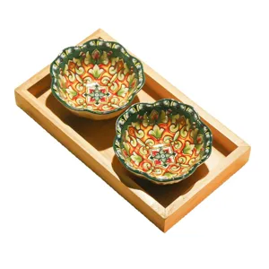 Ceramic fruit bowl set with wooden tray, vintage floral decorative snack dish for home decor.