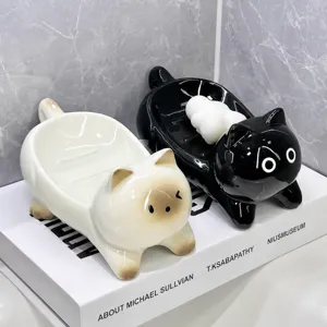 Portasapone gatto in ceramica carino, supporto sapone creativo con scarico per lavandino.